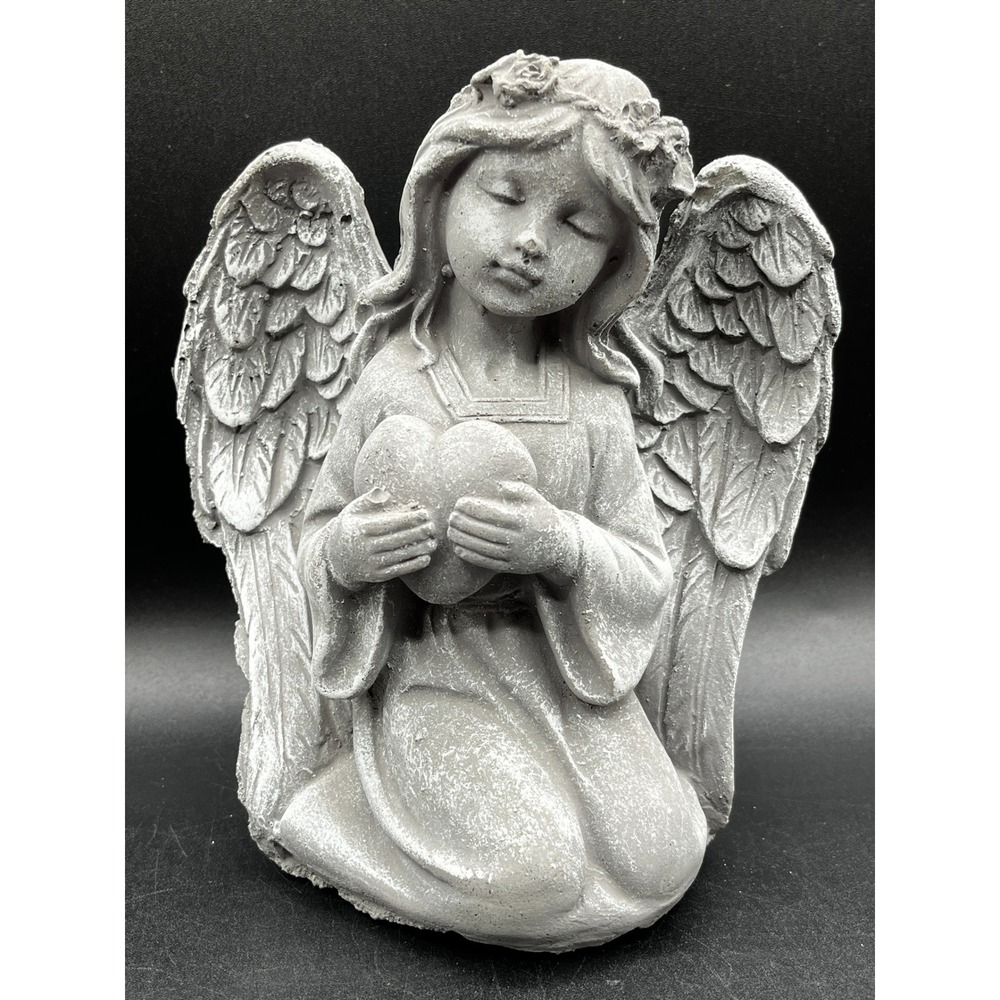Kneeling Angel Cherub Heart Statue Cast Stone Garden Memorial Figurine Gray 6.5"